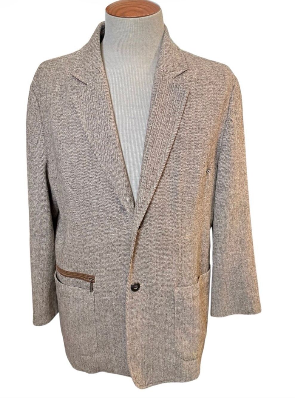 Tommy Bahama Brown Wool Blend Herringbone Tweed Blazer Elbow Patches 2 Btn Large